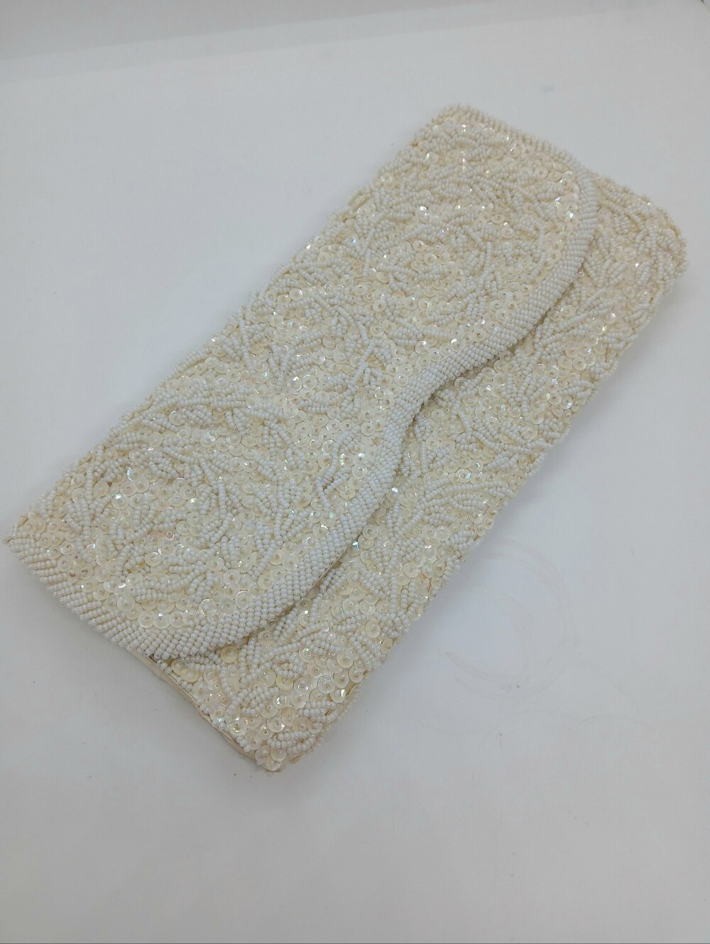 Vintage 50s Bridal Clutch Hand Beaded Faux Pearl Sequin Evening Bag Hong Kong